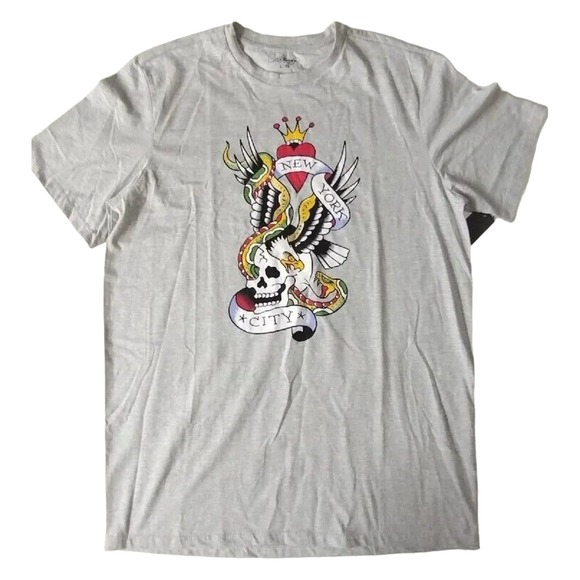 Ed Hardy Mens Size L/XL Gray Skull Eagle Snake Heart Print NYC T-Shirt NWT - Picture 1 of 10